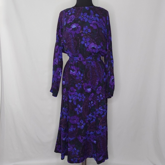 Patty O'Neil Vtg Union Dress Midi Pleated Paisley Floral Dolman Long Sleeve 12 - Picture 1 of 10